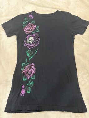 Sinful Black Short Sleeve Tee with Purple Rose and Green Leaf Skull Graphic